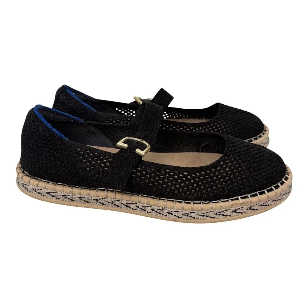 Rothy's The Mary Jane Espadrille Flats Womens 11 (runs small) Black Knit Buckle